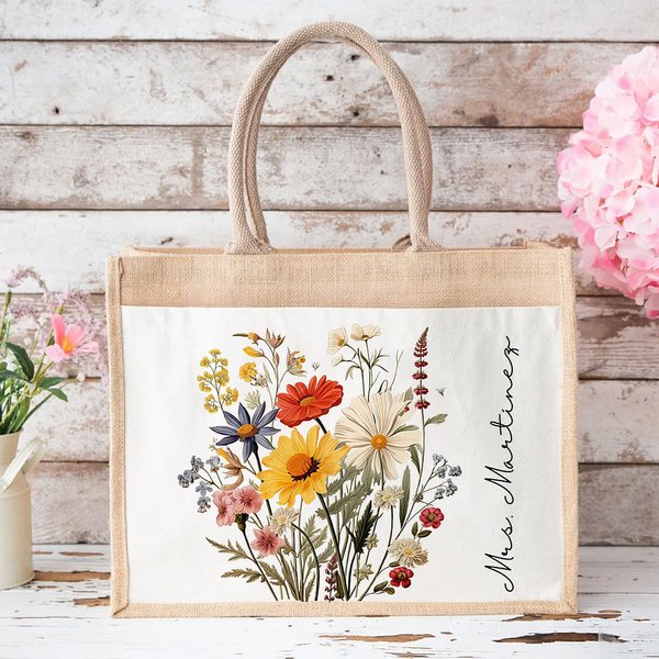Personalisierte Wildblume große wiederverwendbare Jute Tasche mit Namen Geburtstag Hochzeit Geschenk für Freunde Familie