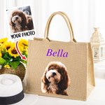 Retrato personalizado de mascota al óleo Bolsa de yute con nombre Accesorio de viaje reutilizable Regalo de cumpleaños para un amante de las mascotas