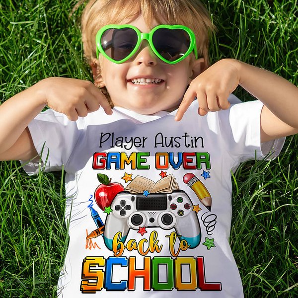 Maglietta personalizzata multicolore Game Over Back To School 100% cotone per bambini con nome Regalo di stagione per ragazze e ragazzi