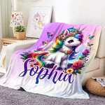 Couverture Arc-en-Ciel Personnalisée avec Bébé Licorne et Nom Style Papillons Fleurs Couverture Chaude et Douce Cadeau d'Anniversaire pour Enfant