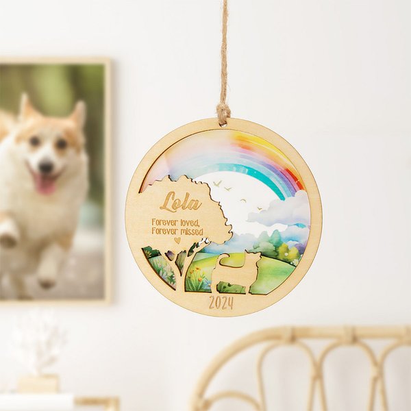 Spersonalizowany Tęczowy Most Pies Kot Drewniany grawerowany wiszący ornament z imieniem i rokiem Świąteczny prezent na pamiątkę utraty zwierzaka dla miłośników zwierząt domowych