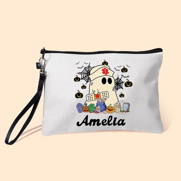 Personalisierte niedlichen Geist Krankenschwester Verband Kürbis Doodle Brief Leinen Wristlet Makeup Tasche mit Namen lustig Halloween Geschenk für Kr