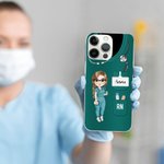Personlig flerfarget kvinnelig sykepleier med tegneseriefigur TPU-telefonveske for iPhone med navn og stillingstittel Bursdagssykepleieruke Gave til medisinsk personale