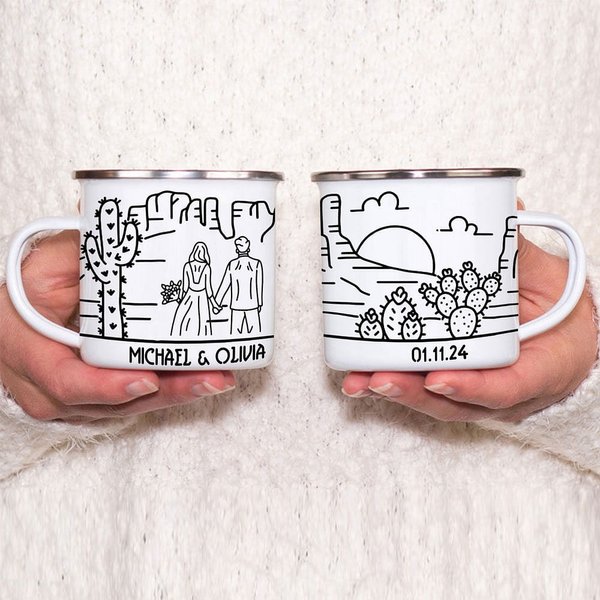 Taza esmaltada de camping de 12oz con nombres y fecha de boda Compromiso Aniversario Regalo para Pareja