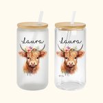 Personalisierte Hochlandkuh 20oz Name Glasbecher mit Bambusdeckel Geburtstagsgeschenk für junge Gruppe Hochlandkuh-Liebhaber
