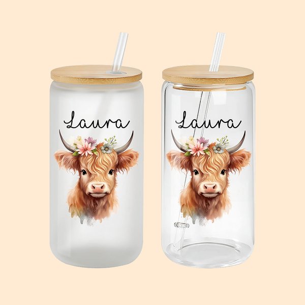 Vaca Highland personalizada Vaso de cristal con nombre de 20oz y tapa de bambú Regalo de cumpleaños para grupo de jóvenes amantes de las vacas Highlan