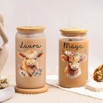 Personalisierte Hochlandkuh 20oz Name Glasbecher mit Bambusdeckel Geburtstagsgeschenk für junge Gruppe Hochlandkuh-Liebhaber