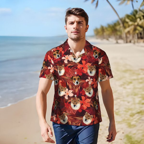 Chemise Hawaïenne Personnalisée avec Portrait Photo et Motif de Palmier Cadeau Anniversaire Vacances pour Amoureux des Animaux Famille