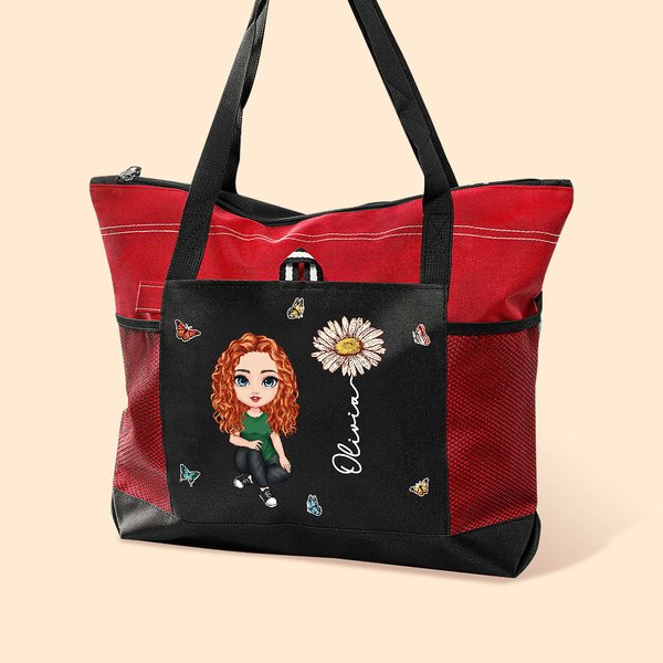 Sac à Épaule Personnalisé avec Nom Image du Personnage et Fleur de Naissance Tissu Oxford Grande Capacité Cadeau Anniversaire pour Femme