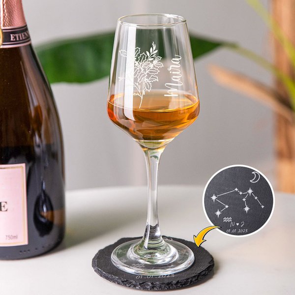 Personalised Engraved Birth Flower Wine Glasses Zodiac Sign Slate Coaster with Name and Date Birthday Anniversary Gift for Family Friend