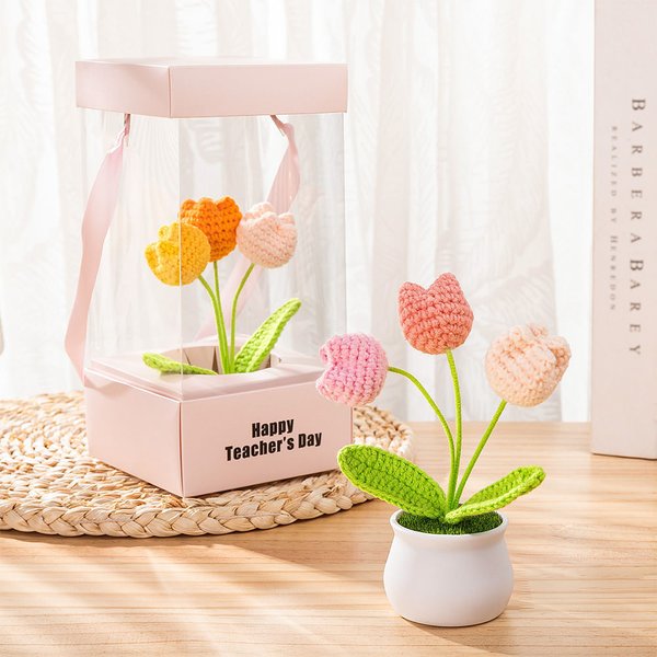 Personalised Handmade Crochet Tulips Potted Plant with Text and Gift Box Desk Decor Birthday Appreciation Gift for Teacher Mother