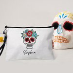 Personalized Sugar Skull Makeup Bag with Name and Wrist Strap Day of the Dead Gift for Women