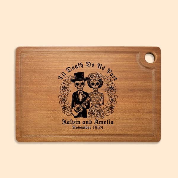 Personalized Til Death Do Us Part Sugar Skull Wood Cutting Board with Engraved Name Day of the Dead Halloween Wedding Gift for Couple