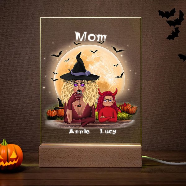 Veilleuse LED Personnalisée avec Personnages et Noms Sorcière Vampire Chauve-Souris 7 Couleurs de Lumières Socle en Bois Cadeau Halloween pour Famille