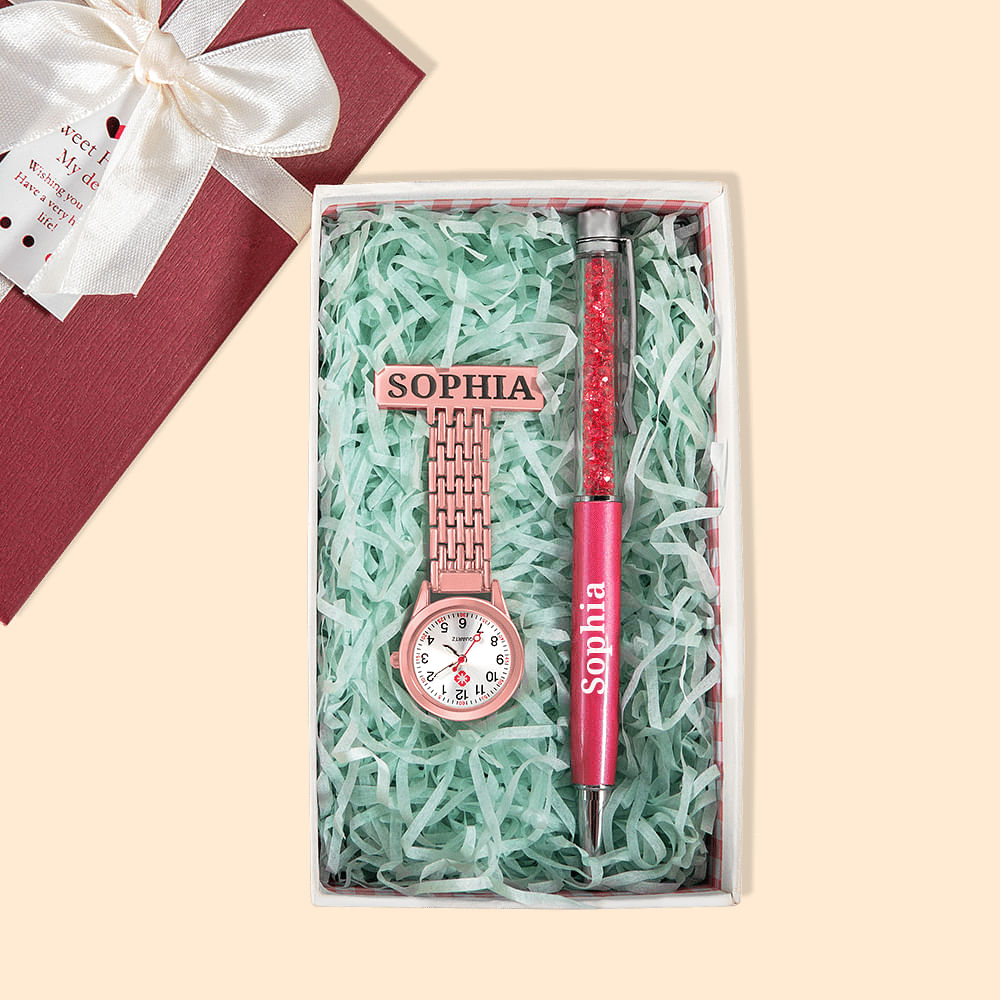 Personalisierte Taschenuhr und Kugelschreiber Set mit Gravur Geschenkbox Praktisches Geburtstag Geschenk für Krankenschwester Tierarzt Pflegekräfte