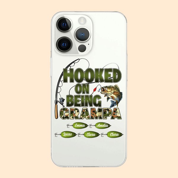 Personalizzato Hooked On Being Papa Fishing Theme Custodia protettiva per iPhone con nomi Compleanno Festa dei nonni per papà nonno