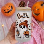 Vaso de Cristal Esmerilado Personalizado Fantasma 20oz con Tapa de Bambú y Pajita Espeluznante Regalo de Halloween para Mujer