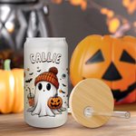 Vaso de Cristal Esmerilado Personalizado Fantasma 20oz con Tapa de Bambú y Pajita Espeluznante Regalo de Halloween para Mujer