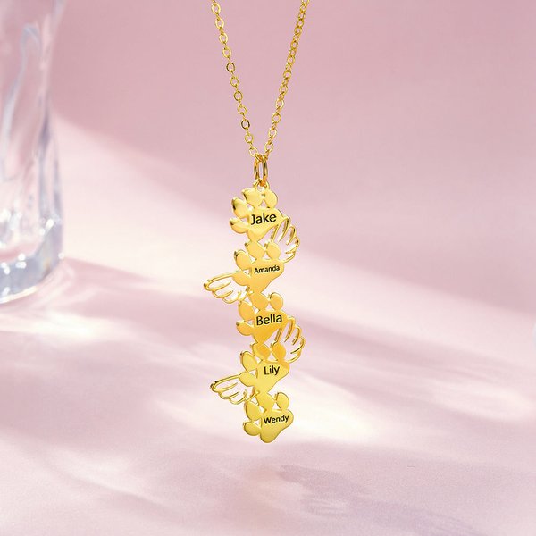 Personalized Dog Cat Paw Wing Necklace with 1-12 Names Birthday Jewelry Gift for Women