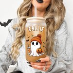Vaso de Cristal Esmerilado Personalizado Fantasma 20oz con Tapa de Bambú y Pajita Espeluznante Regalo de Halloween para Mujer