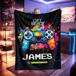 Personalized Colour Ink Get Ready Gamepad Soft Throw Blanket with Name Christmas Birthday Gift for Kids Game Lover