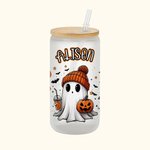 Vaso de Cristal Esmerilado Personalizado Fantasma 20oz con Tapa de Bambú y Pajita Espeluznante Regalo de Halloween para Mujer
