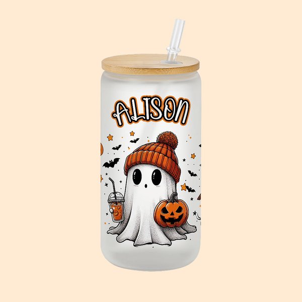 Vaso de Cristal Esmerilado Personalizado Fantasma 20oz con Tapa de Bambú y Pajita Espeluznante Regalo de Halloween para Mujer