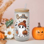 Vaso de Cristal Esmerilado Personalizado Fantasma 20oz con Tapa de Bambú y Pajita Espeluznante Regalo de Halloween para Mujer