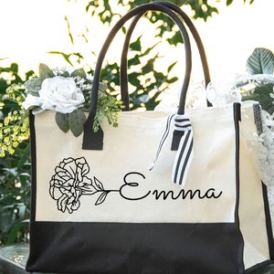 Personlig Födelseblomma Stor Canvas Tote Bag med namn Dagliga resor Arbete Essentials Mors dag Födelsedagspresent för kvinnor