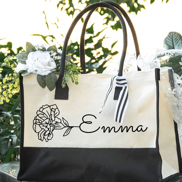 Personalized Birth Flower Large Canvas Tote Bag with Name Daily Travel Work Essentials Mother's Day Birthday Gift for Women