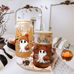 Vaso de Cristal Esmerilado Personalizado Fantasma 20oz con Tapa de Bambú y Pajita Espeluznante Regalo de Halloween para Mujer