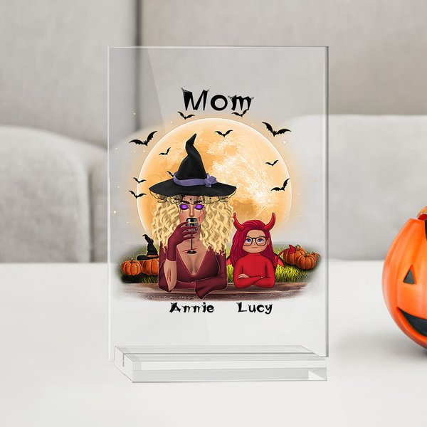 Plaque Acrylique Personnalisée avec Personnage Sorcière 1-6 Enfants Vampires et Noms Cadeau Familial Halloween pour Maman Grand-Mère