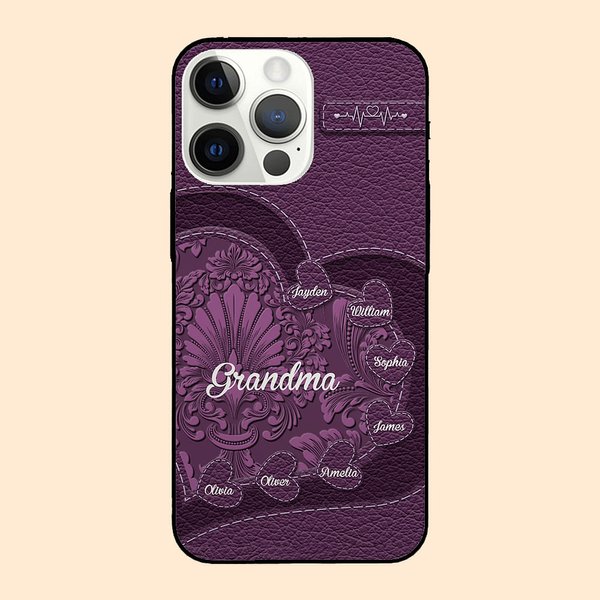 Custodia telefonica personalizzata in ecopelle a forma di cuore per iPhone con 1-10 nomi Regalo di compleanno per nonna e mamma