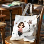 Borsa di tela personalizzata con personaggio in stile cartone animato e fiore di nascita regalo di compleanno per donne