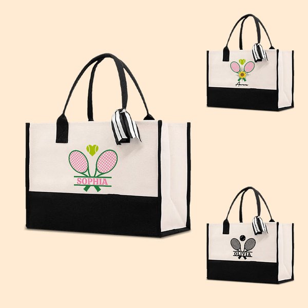 Personalized Tennis Element Large Canvas Tote Bag with Name Gift for Tennis Sports Lovers