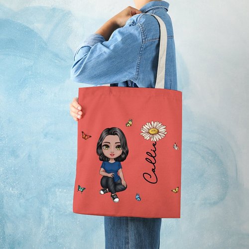 Bolsa de lona personalizada con personaje de dibujos animados y flor regalo de cumpleaños para mujeres y niñas