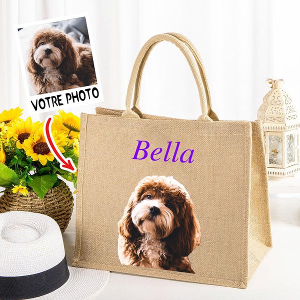 Sac en Jute Personnalisé avec Nom et Portrait de l'Animal Style Peinture à l'Huile Cadeau Anniversaire pour Amoureux d'Animaux de Compagnie