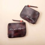 Gepersonaliseerd Vintage Plantaardig Gelooid Leren Mini Munttasje met Tekst Draagbaar Reisbenodigdheden Verjaardagscadeau voor Mannen Vrouwen