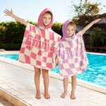Personalized Multicolour Checkerboard Soft Quick Dry Hooded Beach Towel with Name Summer Vacation Travel Essentials Gift for Kids Family