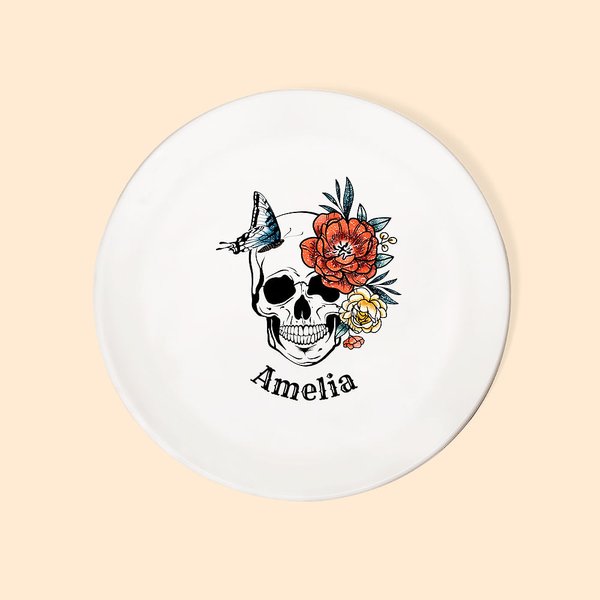 Personalised Floral Sugar Skull Ceramic Ring Dish Jewellery Tray with Name Day of the Dead Halloween Gift for Women