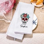 Personalized Floral Sugar Skull 100% Cotton Waffle Tea Towel with Name Kitchen Decor Day of the Dead Halloween Gift for Family Friend