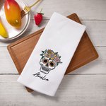 Personalized Floral Sugar Skull 100% Cotton Waffle Tea Towel with Name Kitchen Decor Day of the Dead Halloween Gift for Family Friend