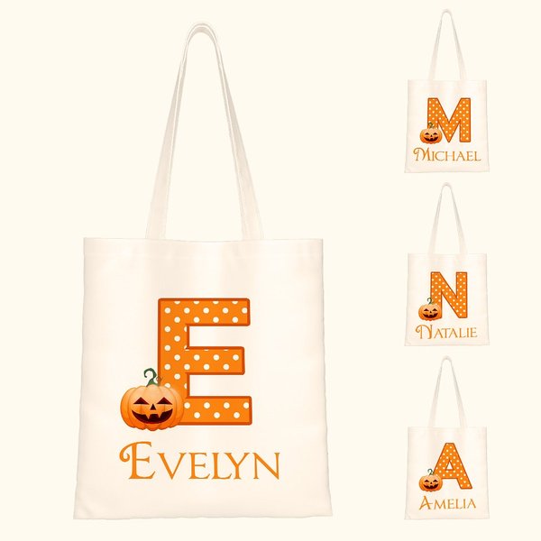 Personalisierte niedlichen Kürbis Canvas Tragetasche mit Namen und Initialen Trick oder behandeln Halloween Party Geschenke für Kinder