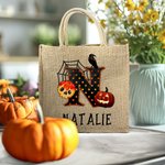 Henkilökohtainen Pumpkin Bat Spider Web Trick Or Treat Initial Jute Kangaskassi nimi Halloween toiminta tarvikkeet lahja lapsille
