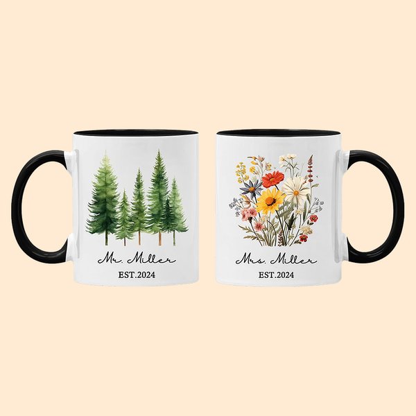 Mug personnalisé en céramique Wildflower Pine Tree 11oz avec nom Anniversary Wedding for Couples