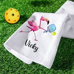Personalised Cotton Super Absorbent Flamingo Pickleball Waffle Towel with Name Birthday Gift for Sport Lover