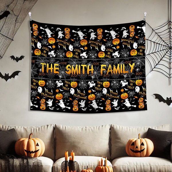 Personlig Ghost Witch Pumpkin Spider Web Trick or Treat Tapestry med namn Rumsdekor Halloween Present till familj och vän