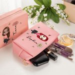Personalized Cartoon Character Leather Makeup Pouch Bag with Birth Flower and Name Portable Travel Essentials Birthday Bridesmaid Gift for Women Girls