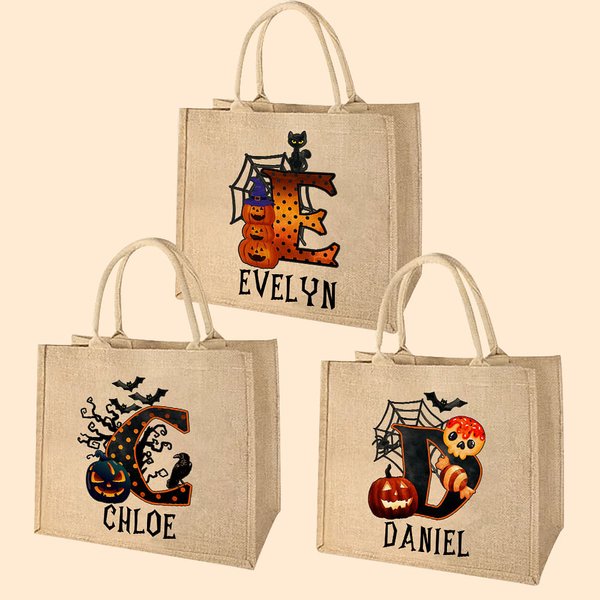 Personlig Pumpa Fladdermus Spindelväv Trick Or Treat Initial Jute Tote Bag med namn Halloween Aktivitetstillbehör Present till barn