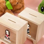 Personalized Cute Cartoon Character Wooden Clear Piggy Bank Money Box with Name Birthday Children's Day Gift for Boys Girls